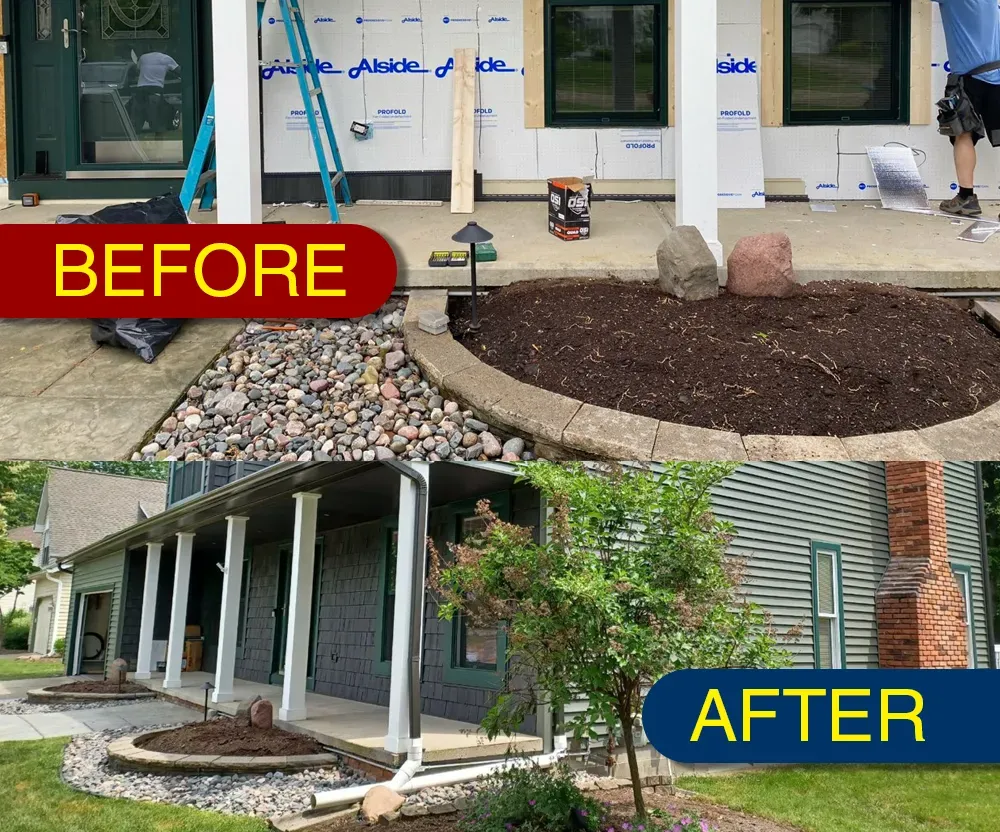 Before-and-after of a house landscaping makeover with new stone path, mulch bed, and porch pillars