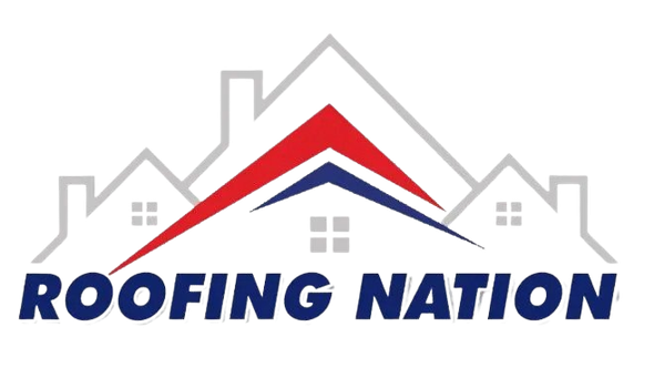 A logo for roofing nation with a house in the background