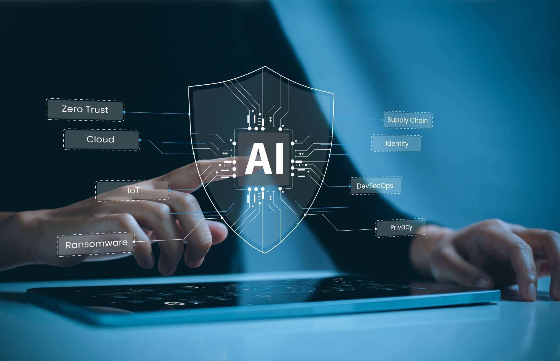 Person interacting with digital AI security shield on a tablet, with lines and text overlay.