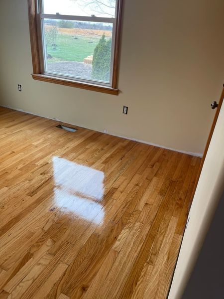 Wooden floor in room with window, beige walls, and sunlight reflecting.