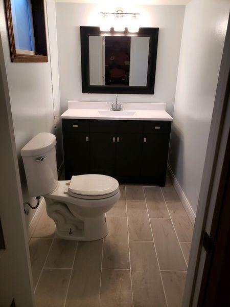 Small bathroom with a white toilet, black vanity, and wood-look tile floor.