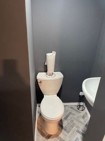 Small bathroom with a toilet, sink, and dark gray walls. A roll of paper towels sits on the toilet.