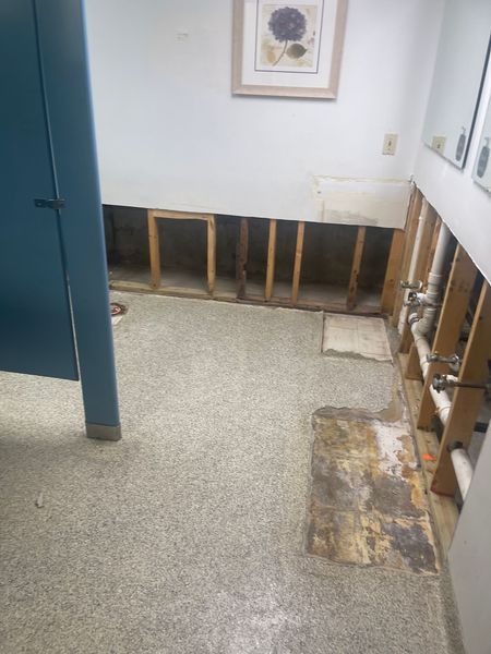 Bathroom with damaged walls, revealing studs and plumbing. Flooring is partially torn up.