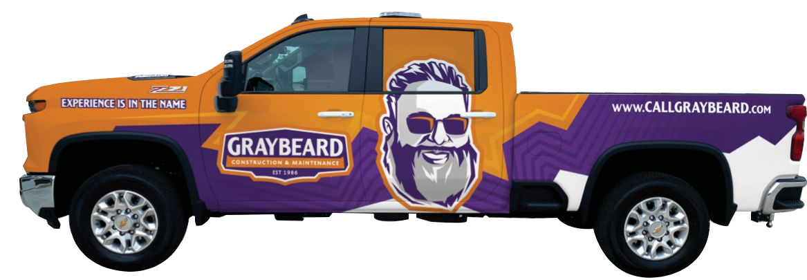 Purple van with orange accents, logo featuring a bearded man, for GRAYBEARDS.