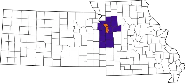 Map of Missouri counties, with several counties highlighted in purple and orange.