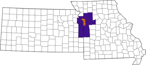 Map of Missouri counties, with several counties highlighted in purple and orange.