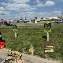 Signs for a business, roadside, with green and white text, by a street, trees in the background.