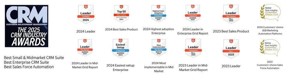 Zoho CRM awards from G2, Gartner and CRM Magazine
