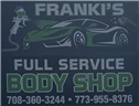 Franki's Full Service Body Shop logo: Green sports car, paint gun, gray and green text, phone numbers.