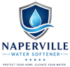 Naperville Water Softener Logo with Shield Emblem, Water Droplet, Wave Graphic, Star Details, Tagline, and Company Name in Naperville, IL