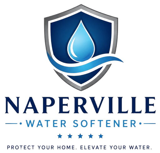 Naperville Water Softener Logo with Shield Emblem, Water Droplet, Wave Graphic, Star Details, Tagline, and Company Name in Naperville, IL