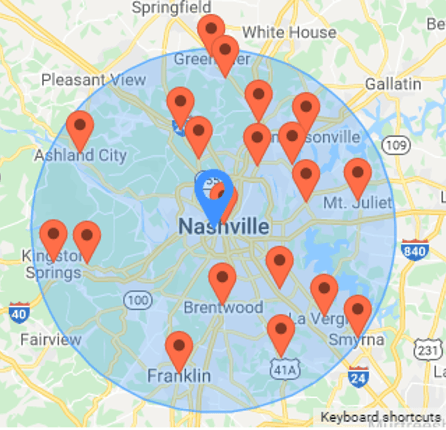 Map of Nashville area with multiple red location pins and a large blue radius circle over the city. Map of Nashville area with multiple red location pins and a large blue radius circle over the city.