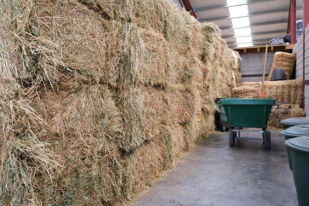 Hay Bales Stacked In A Barn Aisle With Green Bins And A Concrete Floor — Southern Protein Systems in Glenquarry, NSW