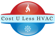 a logo for cost u less hvac with a fire and snowflake