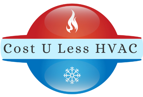 a logo for cost u less hvac with a fire and snowflake