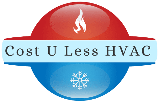 a logo for cost u less hvac with a flame and snowflake