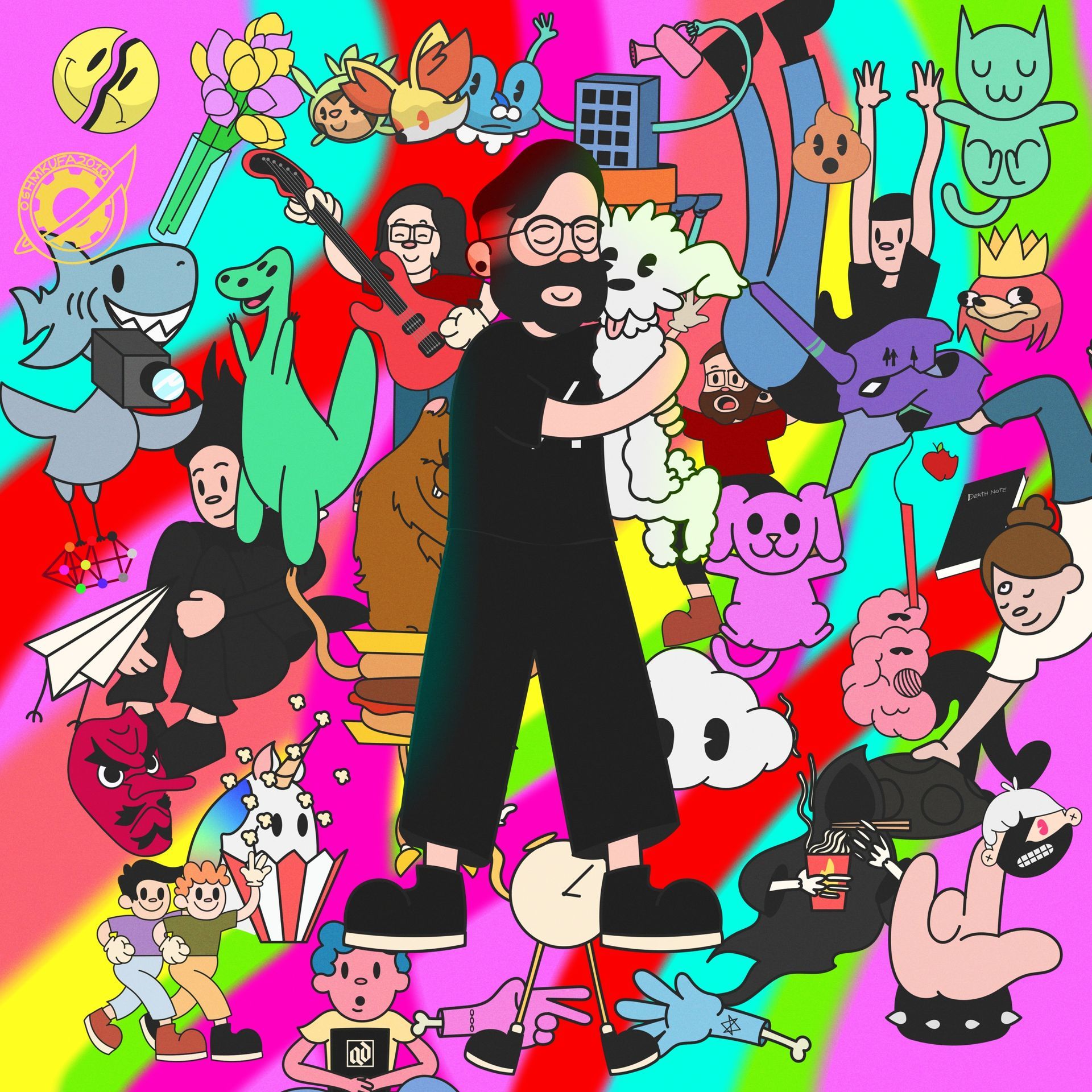 A cartoon of a man with a beard surrounded by cartoon characters