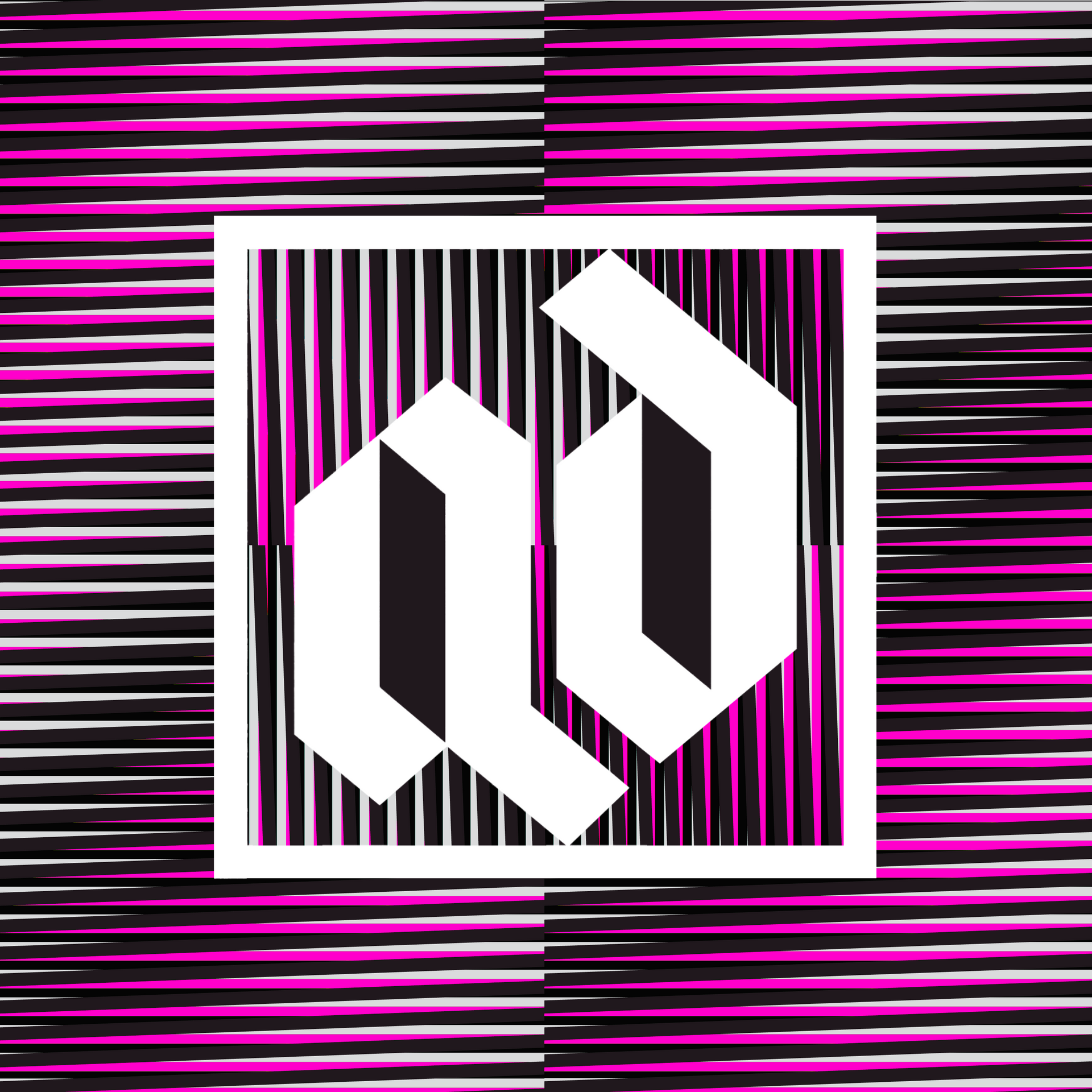 A black and white logo in a square on a striped background.