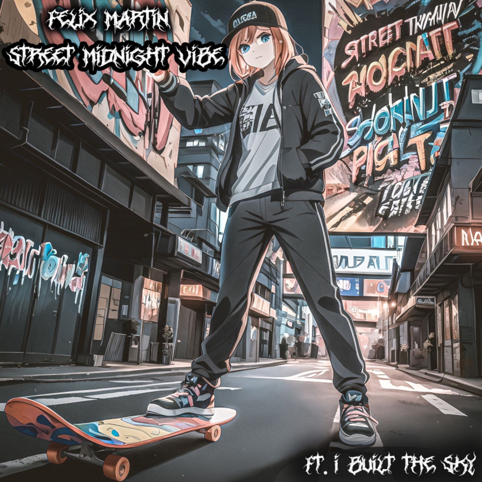 A girl is standing on a skateboard in front of a building with graffiti on it.