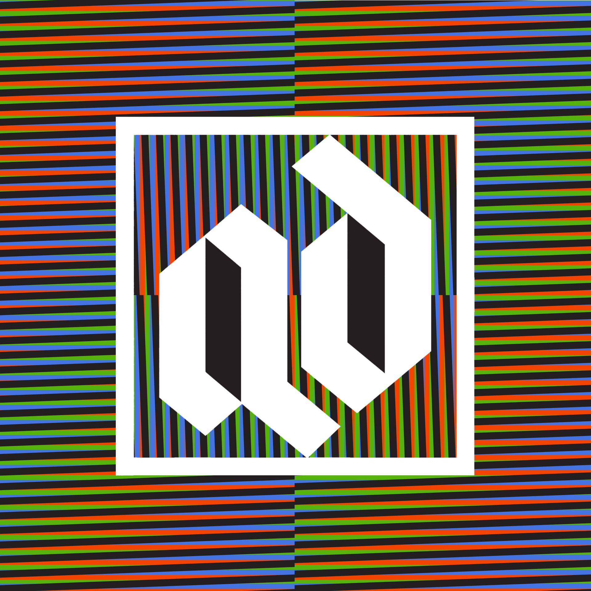 A colorful striped background with a white square in the middle.