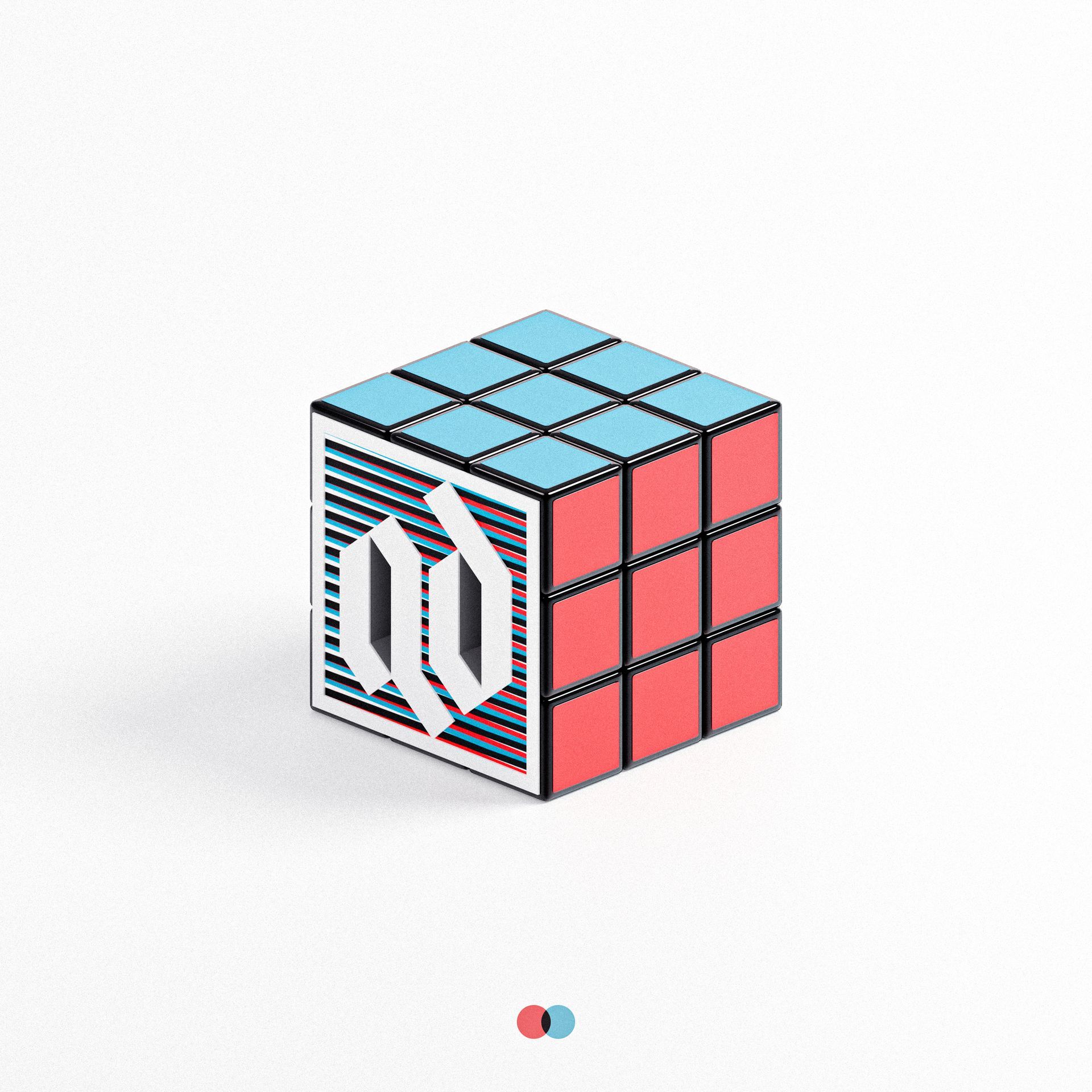 A red and blue rubik 's cube with a logo on it