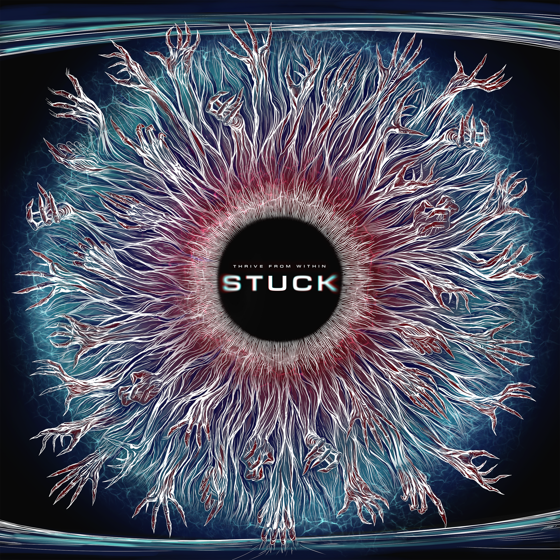 A close up of an eye with the word stuck in the center