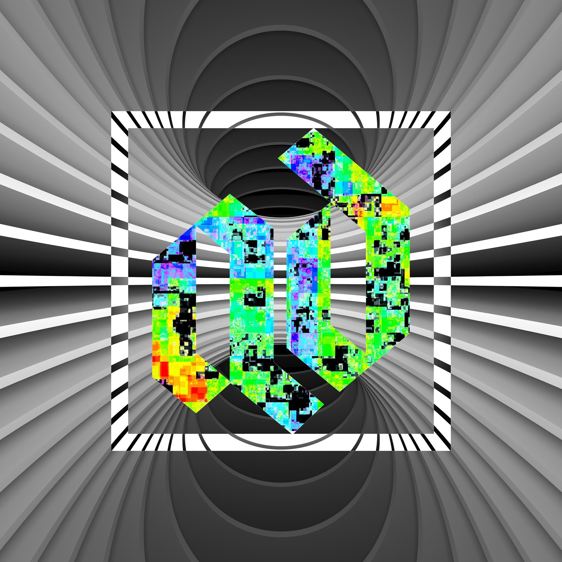 An optical illusion of a colorful cube in a square