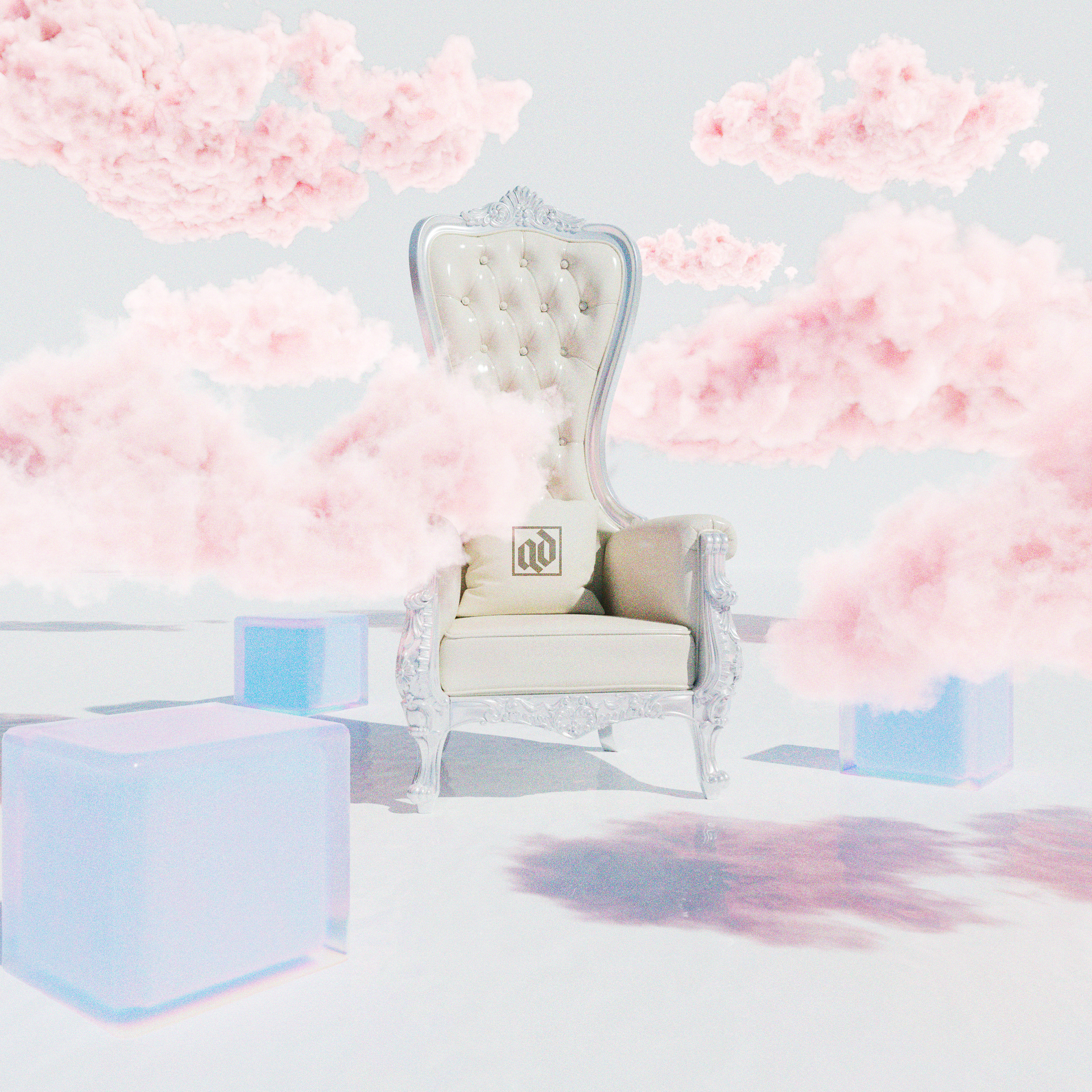 A white chair is surrounded by pink clouds and blue cubes