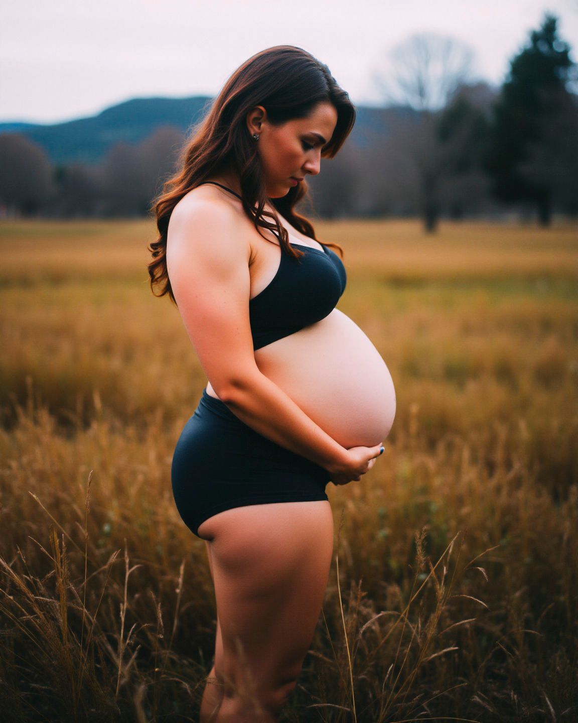  maternity photo portrait of a pregnant Asheville, North Carolina mother in western nc landscape, 32 weeks pregnant, nursing bra