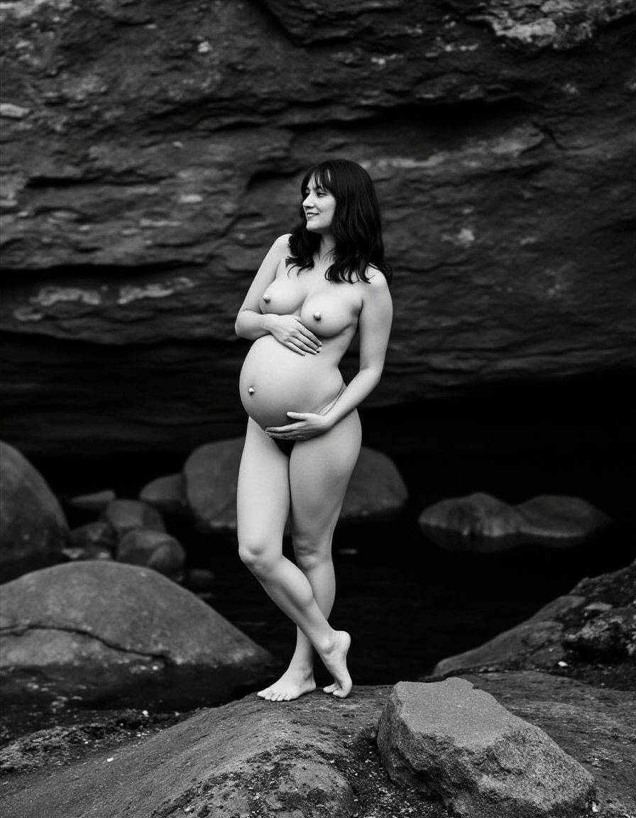  maternity photo portrait of a pregnant Asheville, North Carolina mother in western nc mountain landscape, classic implied pose at 33 weeks pregnant