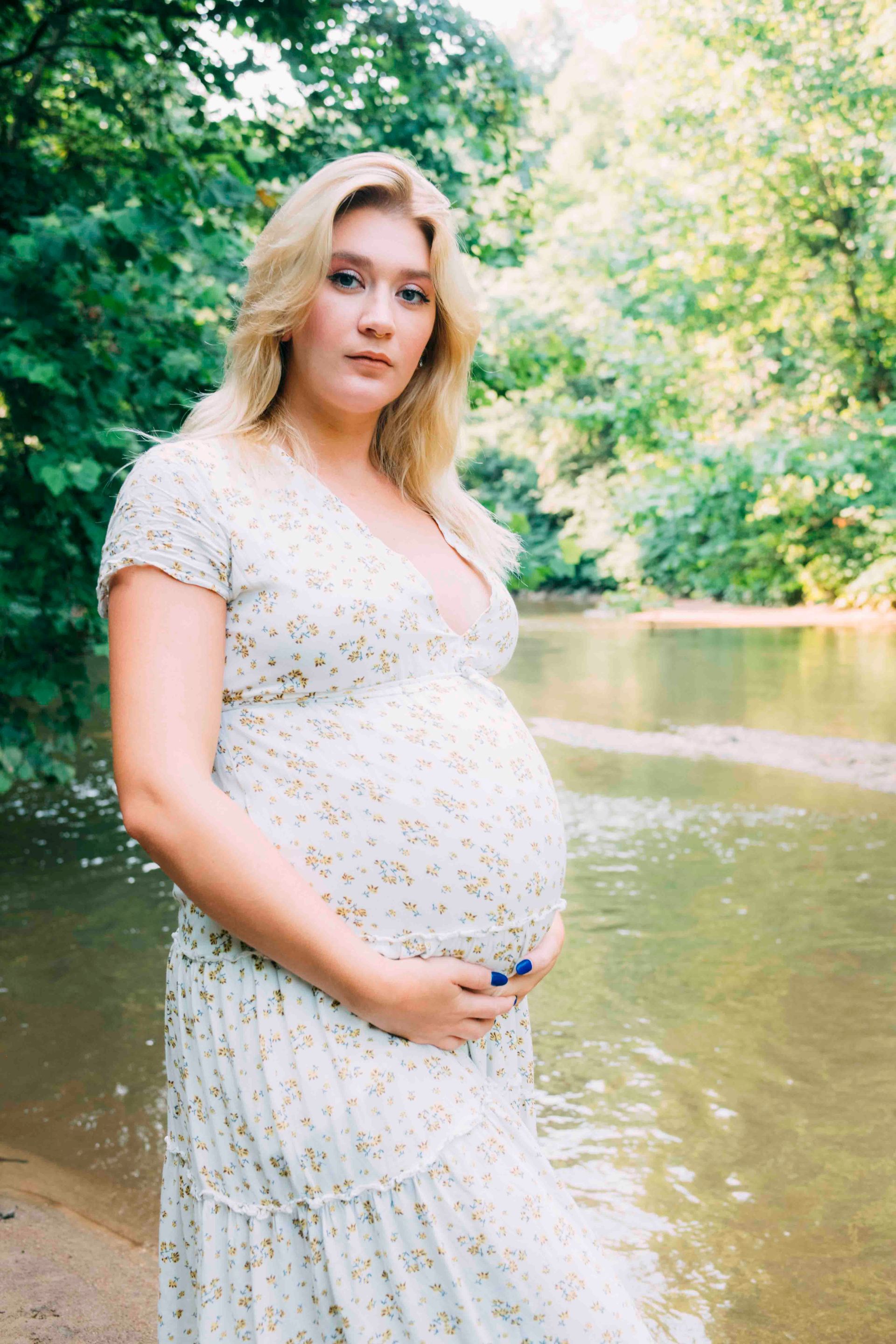  maternity photo portrait of a pregnant Asheville, North Carolina mother in western nc photographer studio, classic maternity gown, at 33 weeks pregnant