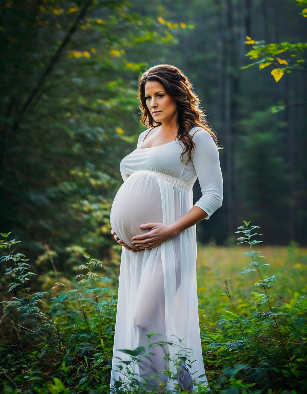  maternity photo portrait of a pregnant Asheville, North Carolina mother by western nc photographer in maternity gown in  implied pose at 30 weeks pregnant in wooded area
