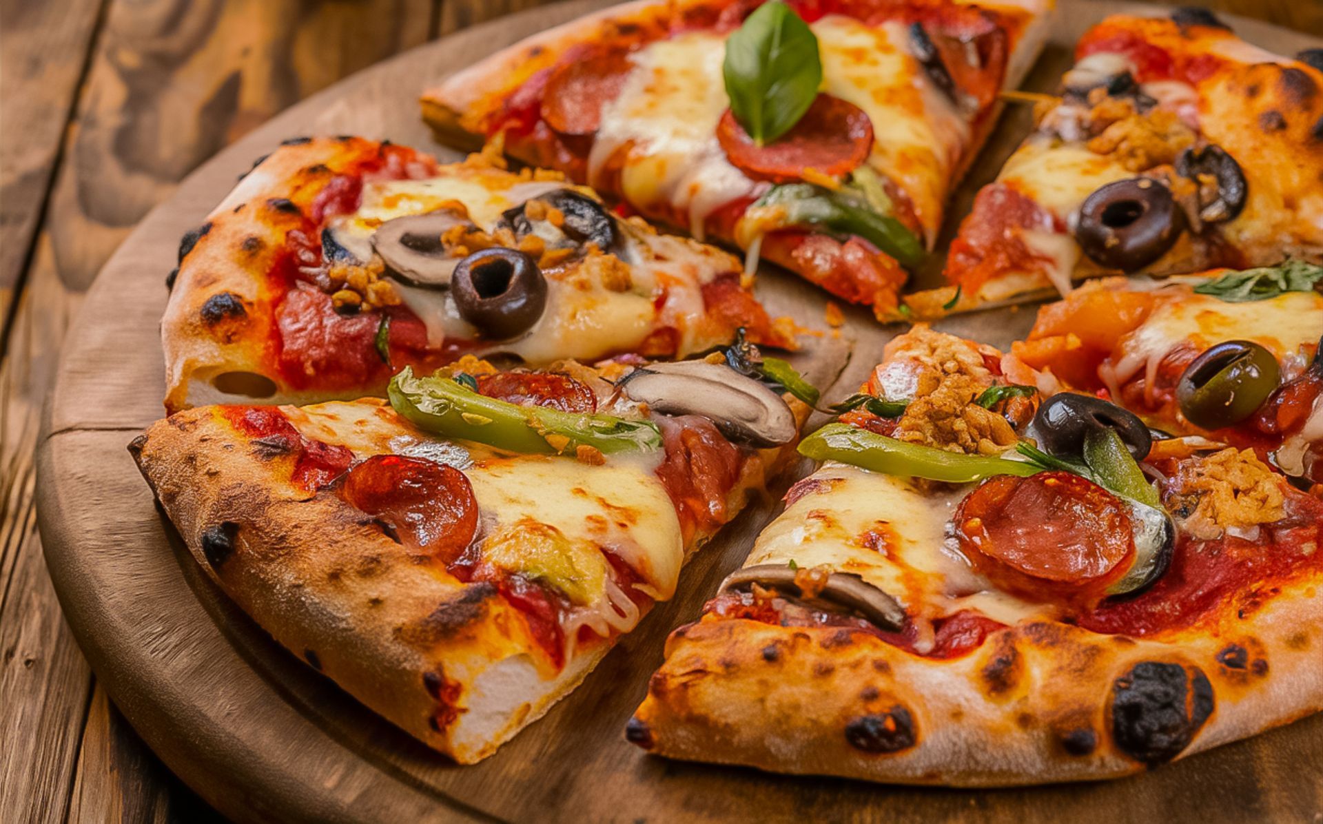 A pizza with pepperoni , olives , mushrooms and basil on a wooden cutting board.