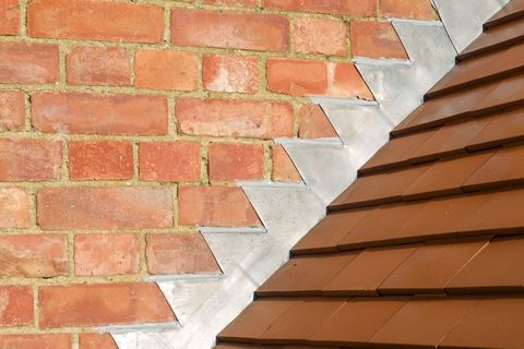 Step roof flashing against a chimney
