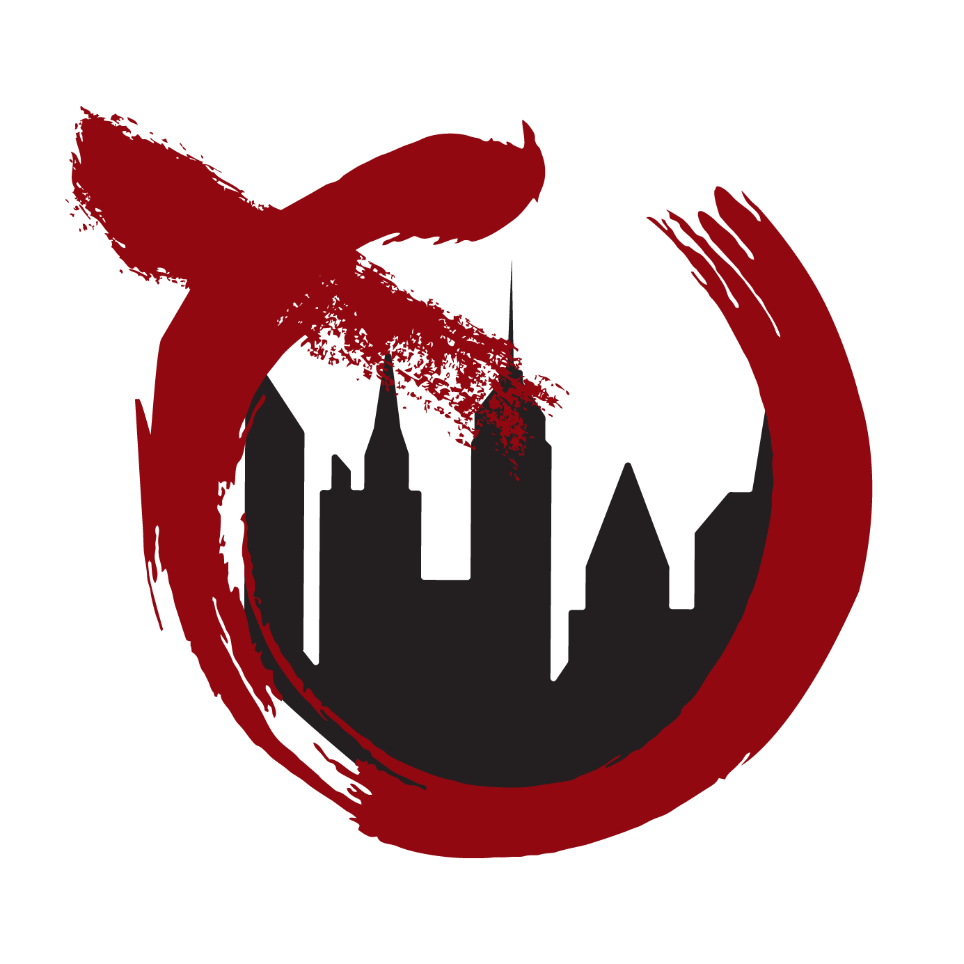 The Restoration Place Logo: a red circle with a city skyline inside of it