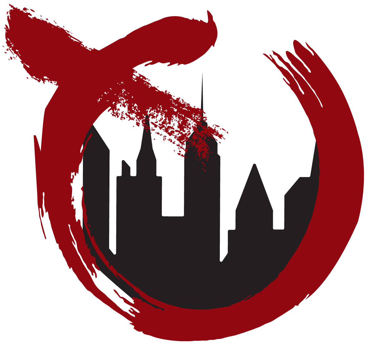 The Restoration Place Logo: a red circle with a city skyline inside of it