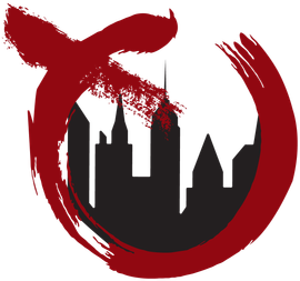 The Restoration Place Logo: a red circle with a city skyline inside of it