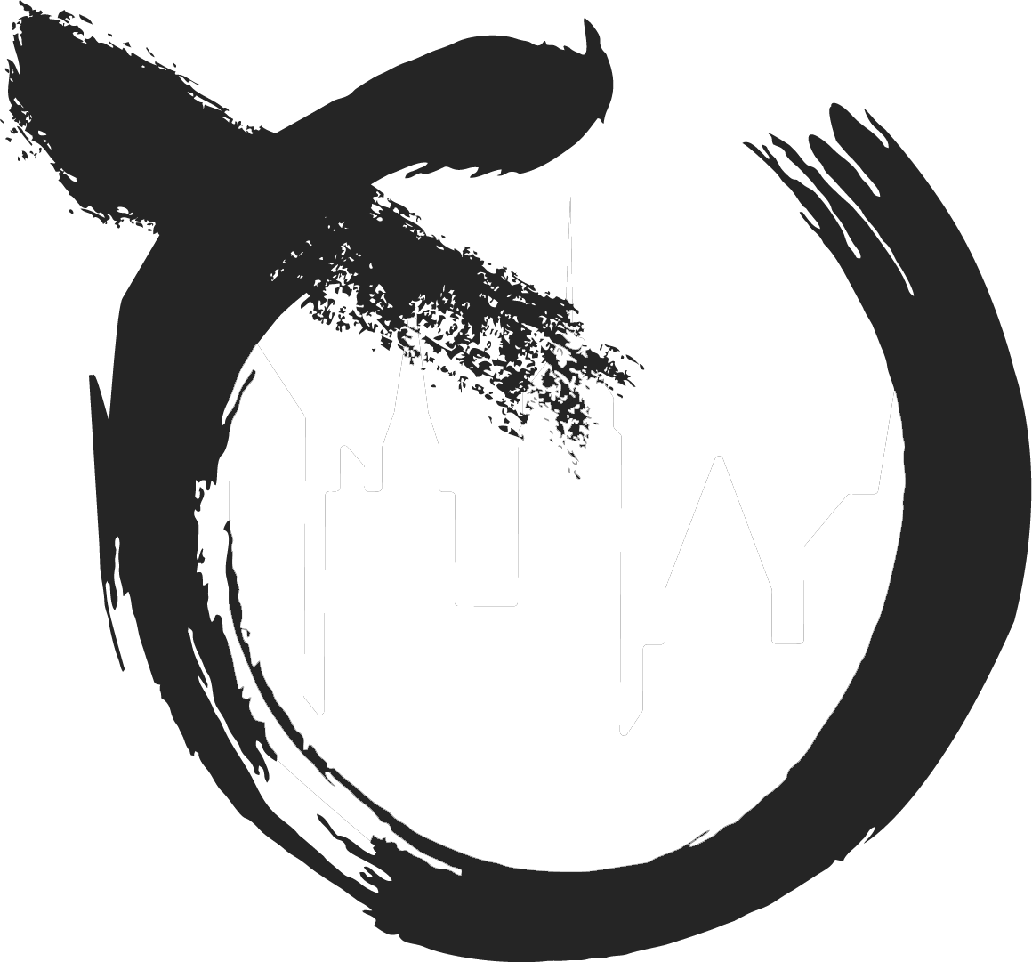 The Restoration Place logo: a black and white brush stroke in a circle on a white background .