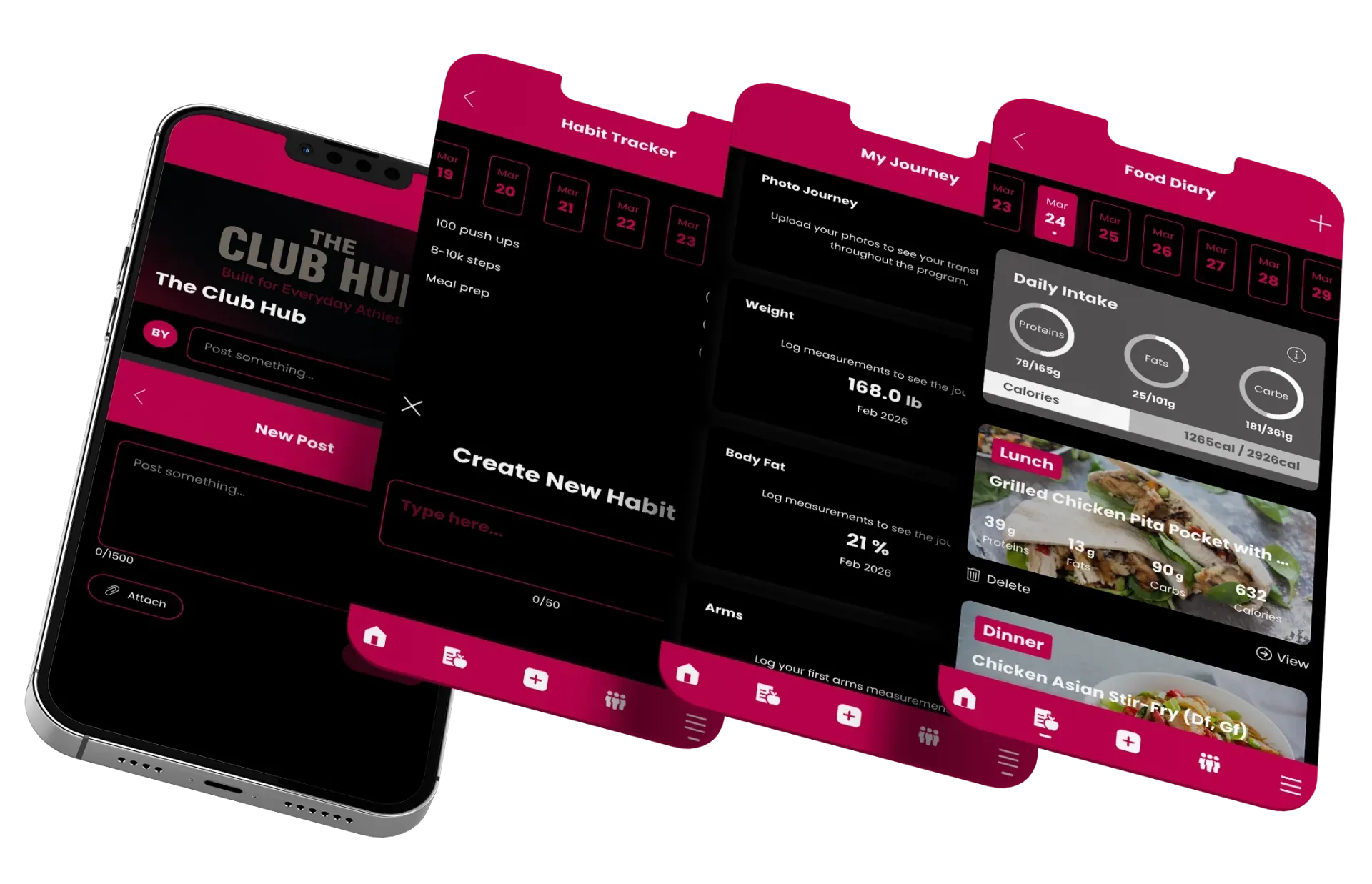 Four mobile phones in a row display a fitness or club membership app with a dark theme and magenta accents.