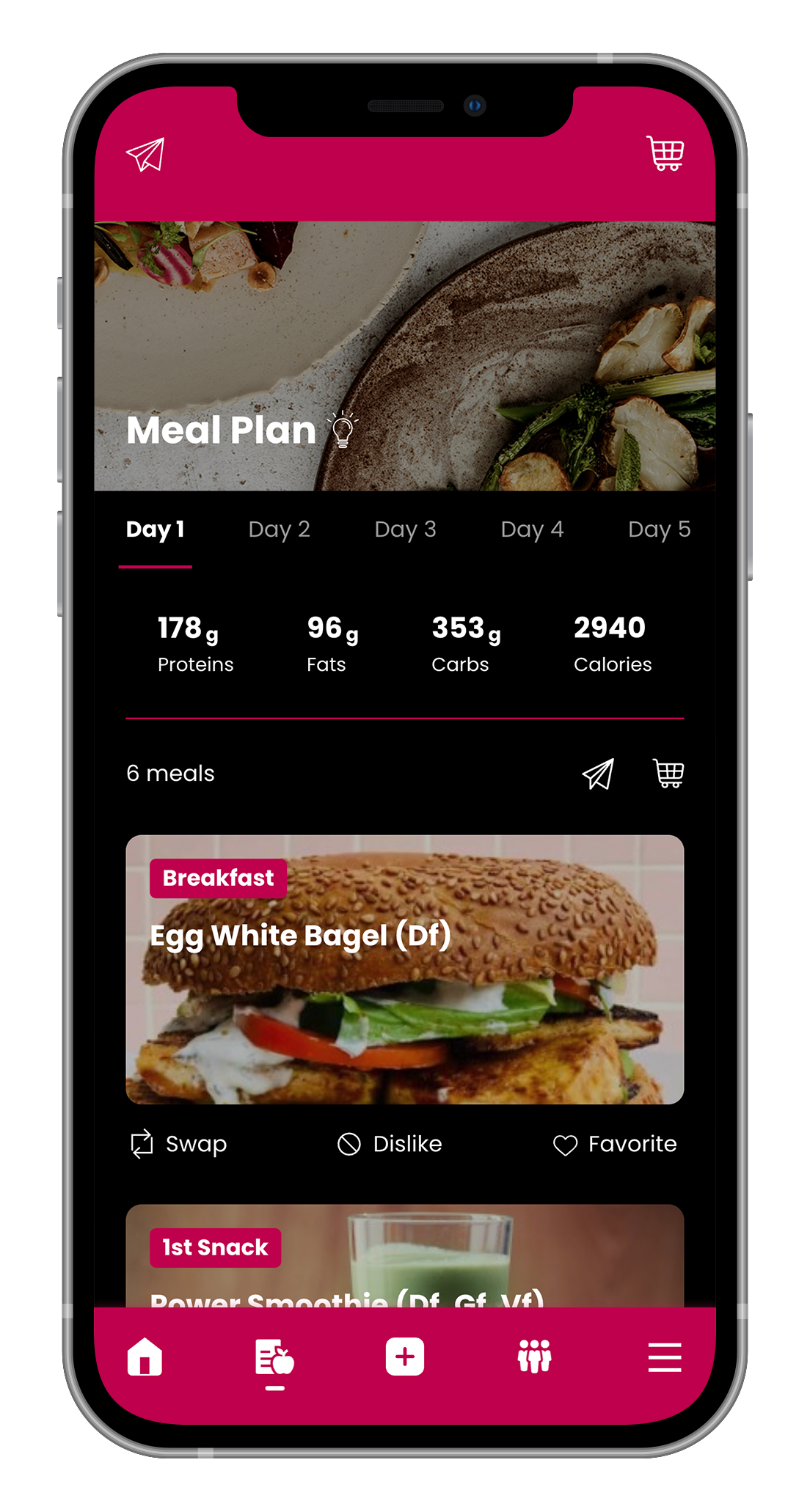 A mobile app screen shows a daily meal plan with nutritional totals, a featured breakfast sandwich, and navigation icons.