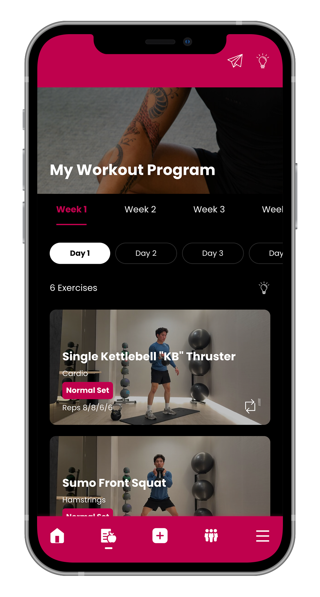 A mobile app screen titled My Workout Program shows exercise videos, including Kettlebell Thrusters and Reverse Lunges.