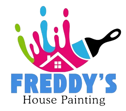 Freddy's House Painting logo: Paint splash with house silhouette, paintbrush, and blue text on white background.