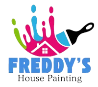 Freddy's House Painting logo: Paint splash with house silhouette, paintbrush, and blue text on white background.
