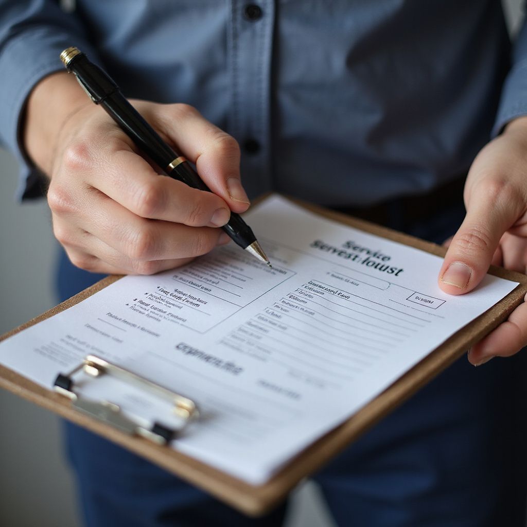 Person writing on a clipboard, likely completing a service request form.