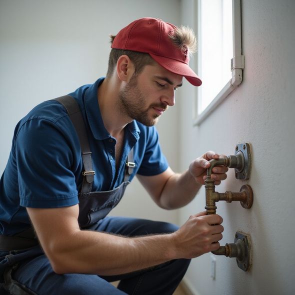 Man in overalls and red cap connecting plumbing pipes near a window.