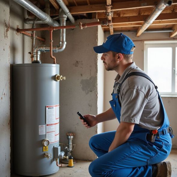 Plumber inspects a water heater in a basement. He kneels, holding a flashlight.