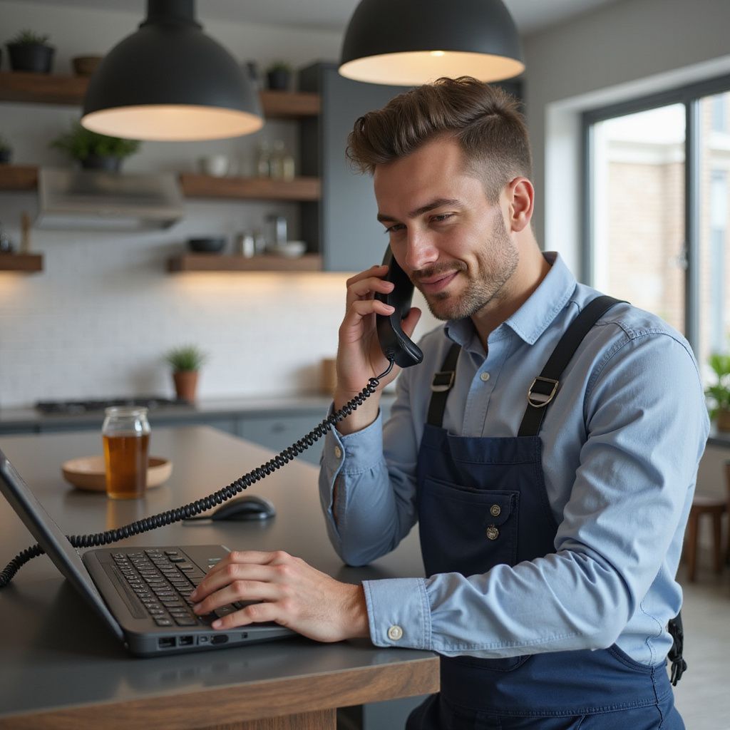 Man in blue shirt, apron, on phone, working on laptop in modern kitchen.