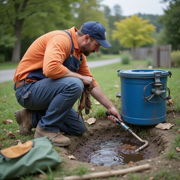 Man in overalls kneels, inspecting water in a hole with a tool, near a blue container, outdoors.