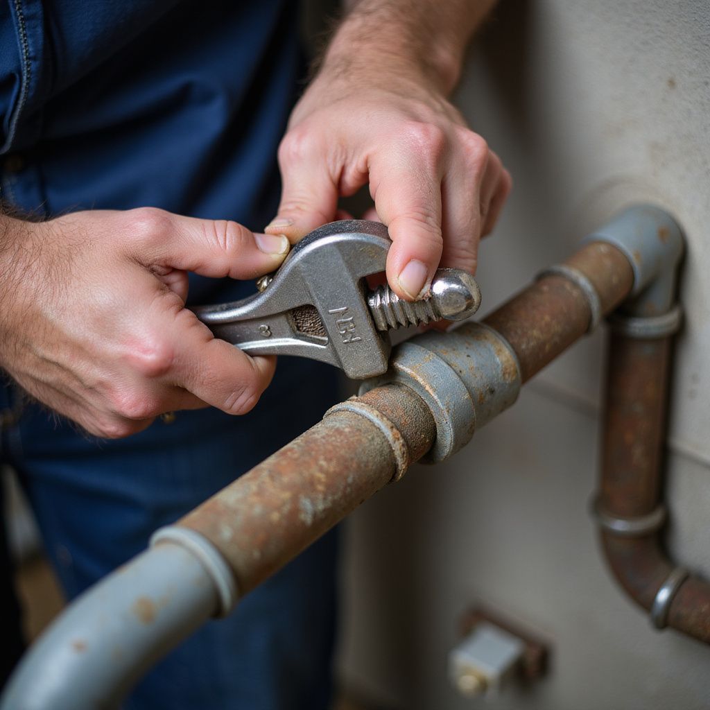 Plumber using a wrench to tighten a rusty pipe.