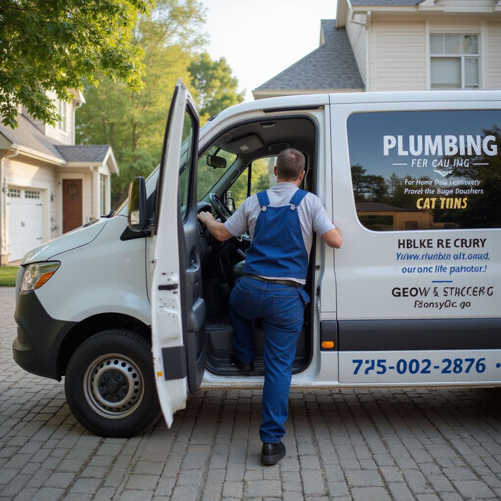 Plumber in blue overalls getting into a white van with plumbing service signage on a residential street.
